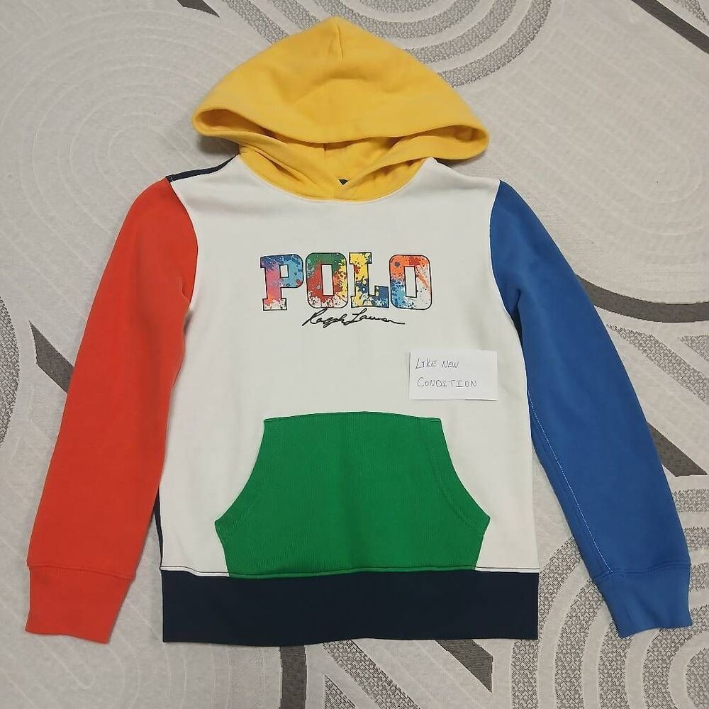 Polo ralph lauren boys size 8 spell out bold print hoodie green color block